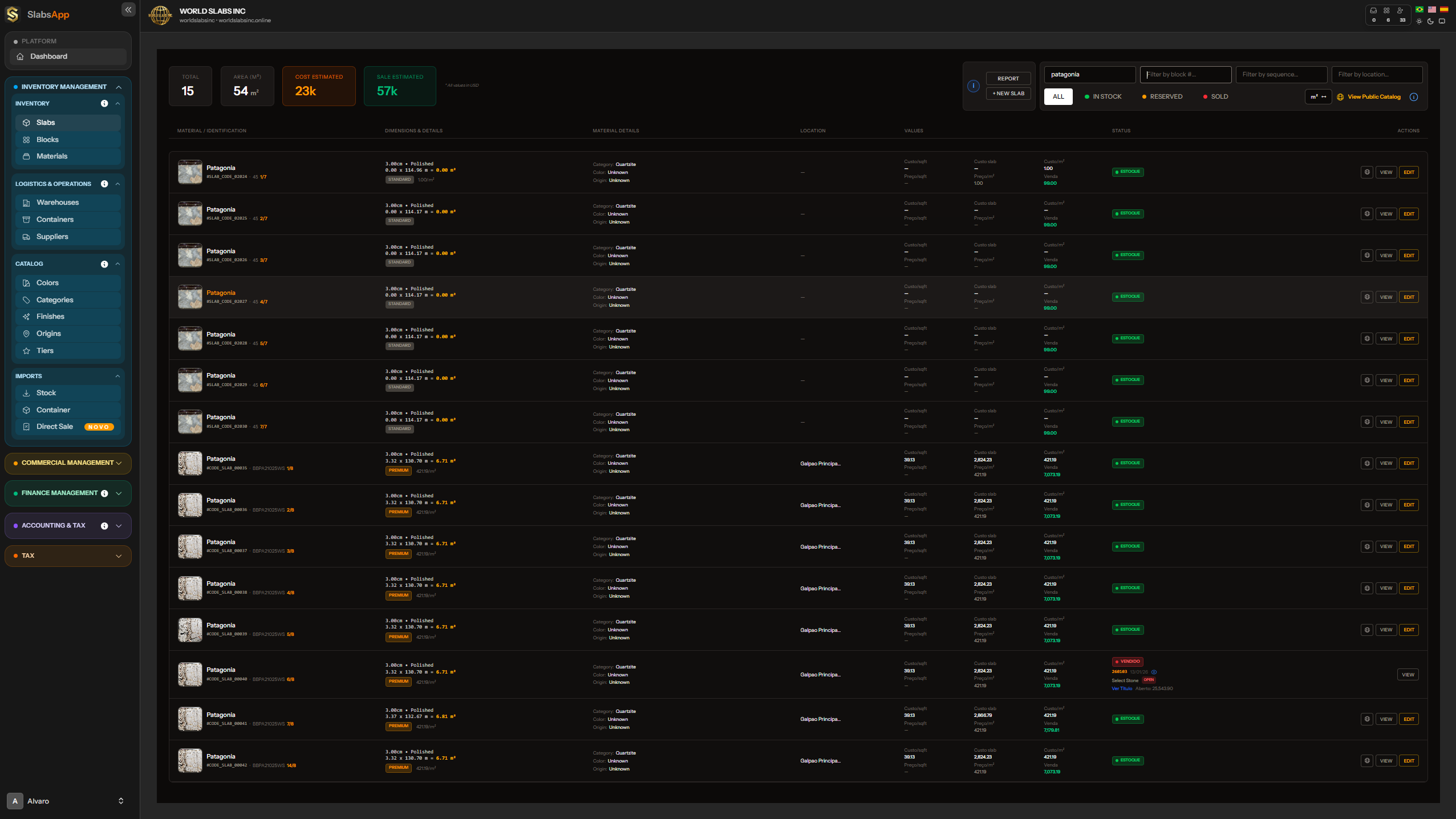 Pantalla de inventario general de SlabsApp con lista de losas